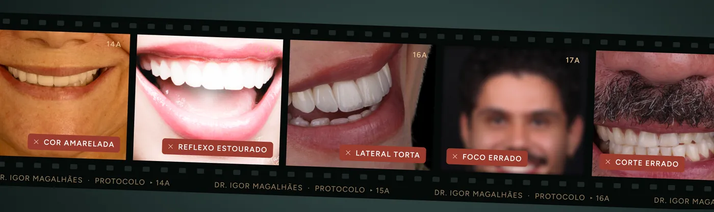 Fotos com erro: cor amarelada, reflexo estourado, lateral torta, foco errado e corte errado